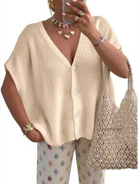 Lightweight Short Sleeve Cardigan Oversized V Neck Button Up Knit Sweater